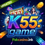 K55 Game updated feature image showing colorful casino graphics, slot machine, playing cards, and Pakcasino.ink branding